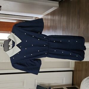 Dotted-Pearl Collared Romper Pleated Sleeves - Women Size Small